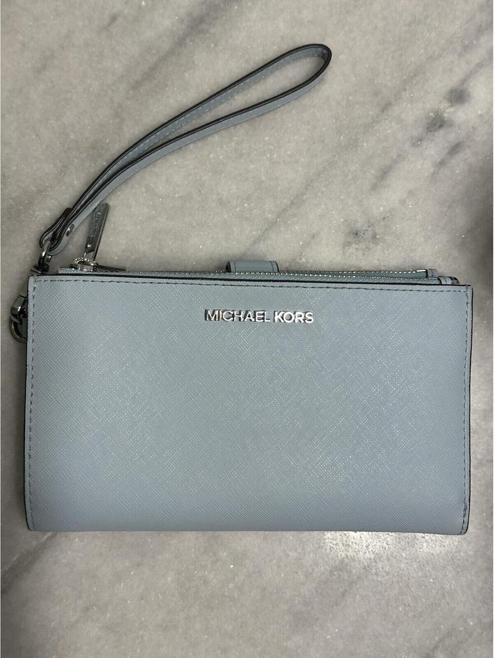 Michael Kors Double Zip Large Jet Set Travel Wristlet Powder Blue Leather